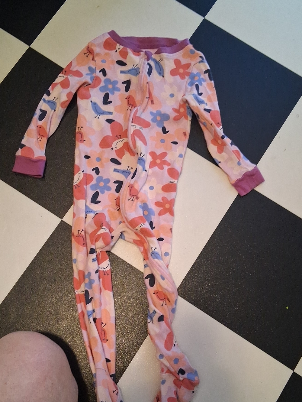 dip Pink Floral & Bird Footed One-Piece Pajamas with Purple Trim